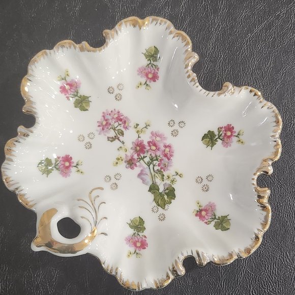 1950s Marco Porcelain Candy/Nut Dish With Scallop Gold Gilt Trim and Pink Flower - Picture 1 of 8